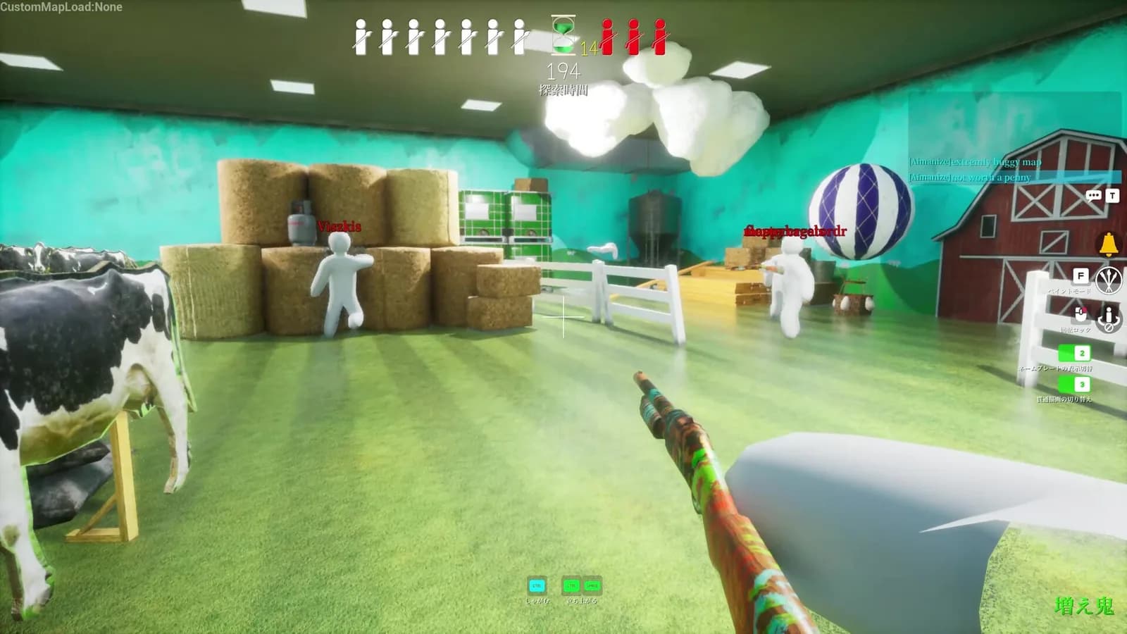 Meccha Chameleon gameplay: white hider figures blending into a farm stage with hay bales while a seeker sweeps the barn with a paint roller